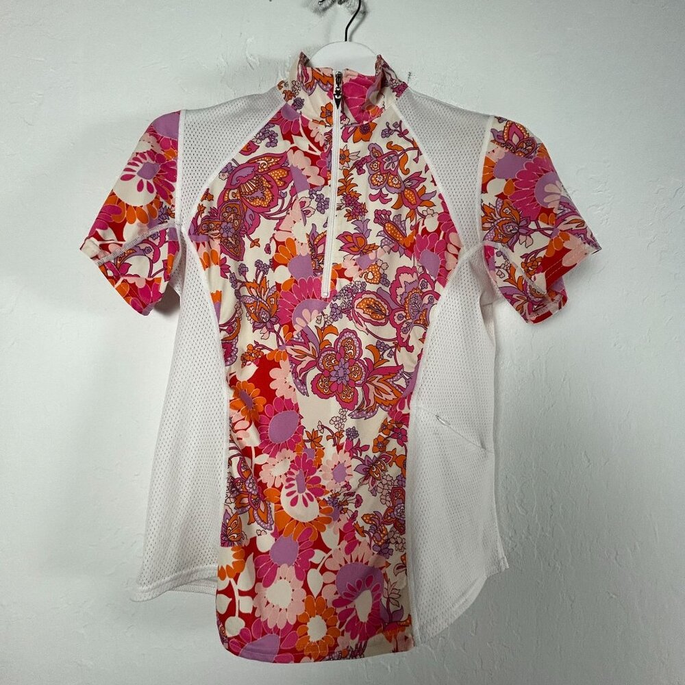 Kerrits Womens Floral 1/4 Mock Neck Cycling Jersey Large Short Sleeve White/Pink